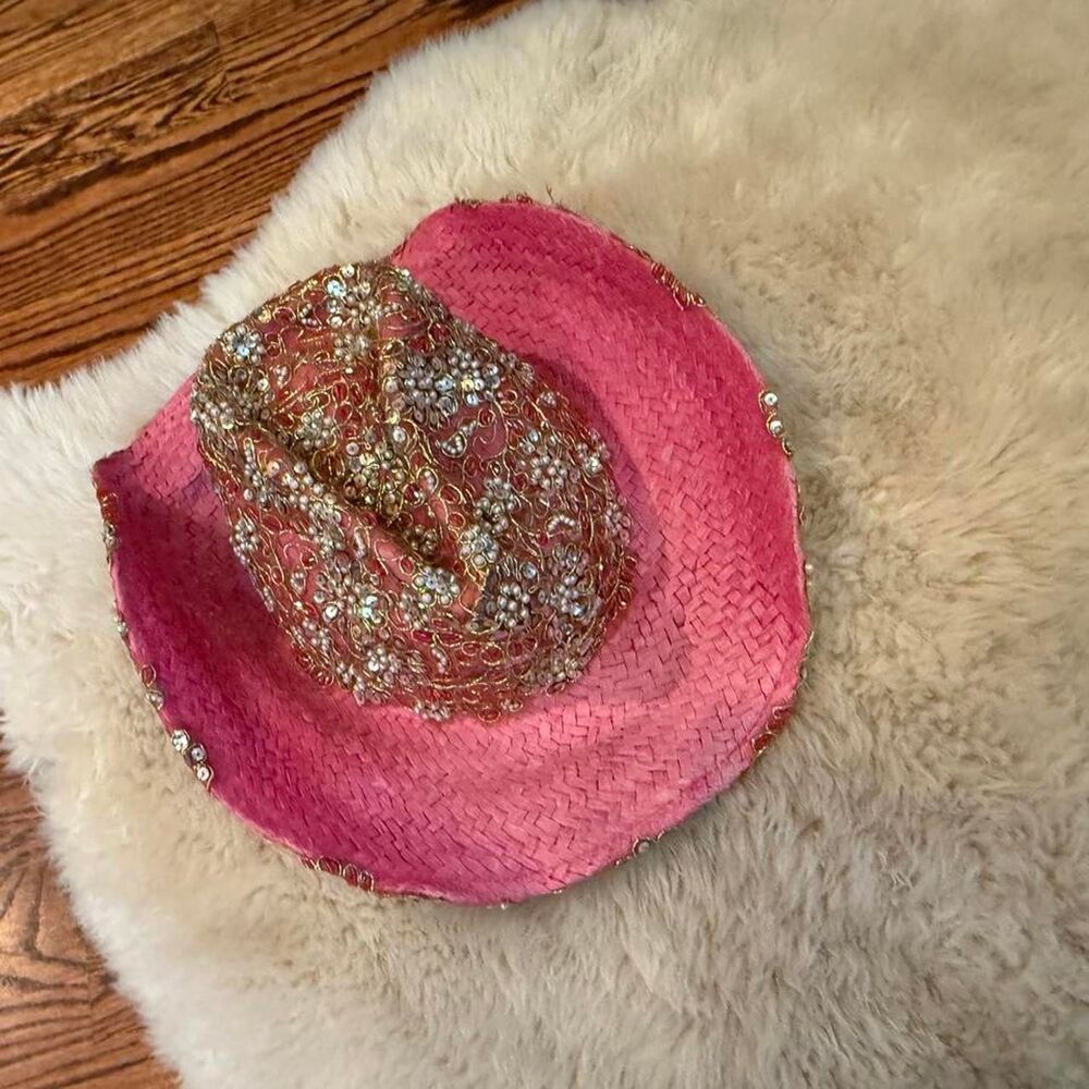 Designer Whittall and Shon cowgirl hat, barbie pink with embellishments